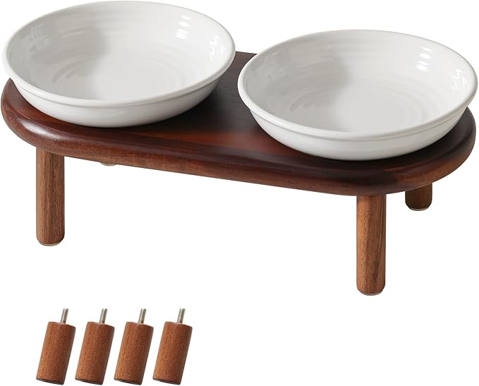 Elevated Ceramic Cat Dish, Wide Whisker Friendly Anti-Slip Food & Water Bowl with 2 Heights Adjustable Acacia Wooden Stand - Pet Bowl Set for Cats (2 Dishes +Stand, White)