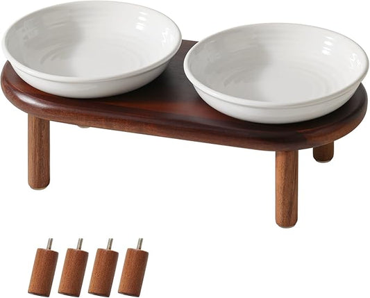 Elevated Ceramic Cat Dish, Wide Whisker Friendly Anti-Slip Food & Water Bowl with 2 Heights Adjustable Acacia Wooden Stand - Pet Bowl Set for Cats (2 Dishes +Stand, White)