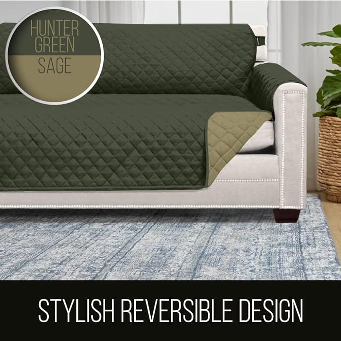Sofa Shield Recliner Slip Cover with Patented Strap, Cushion Protector, US Designed Reversible Stain and Dog Tear Resistant Slipcover, 25 inch Seat, Washable Covers for Dogs Pets, Hunter Green Sage