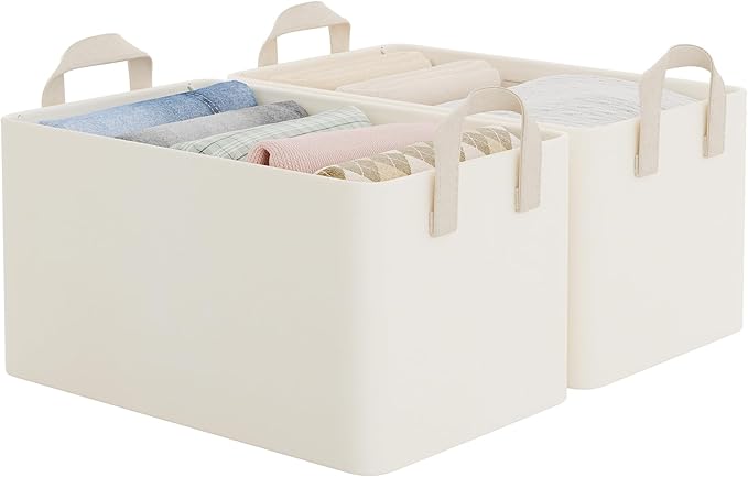 StorageWorks Closet Storage Bins, Storage Baskets for Shelves, Closet Organizers and Storage Bins with Metal Frame, Handles, Beige, Cool Silky Fabric, 2-Pack