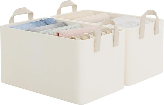 StorageWorks Closet Storage Bins, Storage Baskets for Shelves, Closet Organizers and Storage Bins with Metal Frame, Handles, Beige, Cool Silky Fabric, 2-Pack