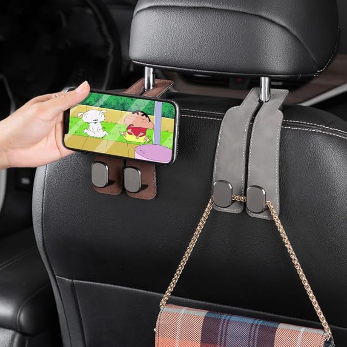 2 Pack Car Seat Back Storage Hook, Headrest Hooks for Car with Metal Hooks, Premium Suede Leather Car Headrest Hooks Universal Car Seat Hooks for Purses, Bags & Groceries(Brown)