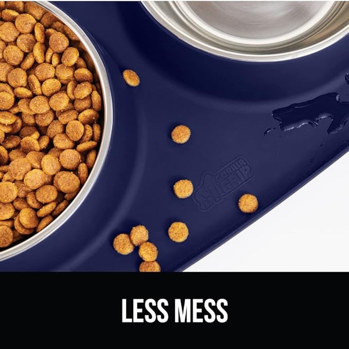 GORILLA GRIP Feeding Mat Set, 3 Cup, Patent Pending 100% Waterproof BPA Free Silicone, Stainless Steel Cat and Dog Bowls, Slip Resistant, Edges Catch Water Food, US Designed Pet Accessories, Navy Blue