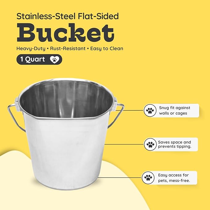 AASPIRE PETS Flat Sided Stainless Steel Bucket, 1 Quart (0.25 Gallon) Hanging Feeding Pail for Small Pet Dogs Cats Birds, Fits Kennels Cages Compatible, Heavy Duty Food & Water Feed, 5" Silver Buckets