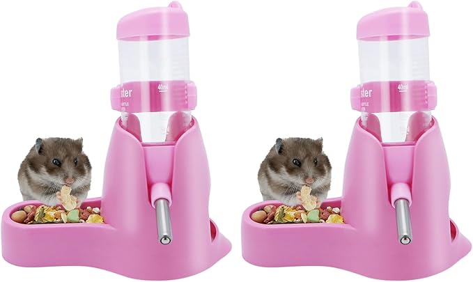 Wontee 3 in 1 Hamster Water Bottle Small Pet Automatic Water Dispenser with Food Container Base Hideout for Dwarf Hamster Mice Gerbils, 2 Pack (Pink, 80ML)