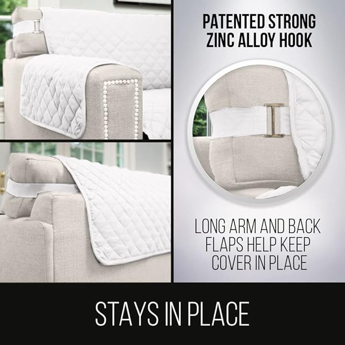 Sofa Shield Couch Slip Covers for Dogs, Reversible Furniture Protector with Strap, Stain and Tear Resistant Cushion Cover, 70 inch Seat, Machine Washable Slipcover Pets, Cats, White