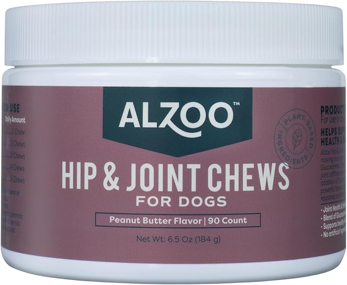 ALZOO Hip & Joint Chews for Dogs, 100% Plant-Based Active Ingredients, Peanut Butter Flavor, 90 Count