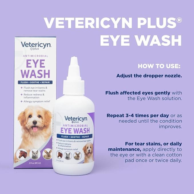 Vetericyn Plus Dog and Cat Eye Wash | Eye Drops for Dogs and Cats to Flush and Soothe Eye Irritations, Dog Tear Stain Cleaner, Safe for All Animals. 3 Ounces