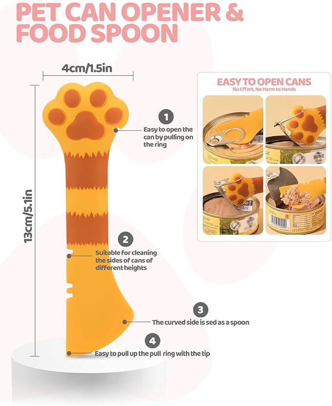 Aecsze 5 PCS Cat Food Can Covers Lids Set, Silicone Pet Food Can Lids with Multi-Function Cat Food Spoon and Opener, Cat Bar Squeezer, Stainless Steel Wet Food Spoon for Cats and Dogs (Orange)