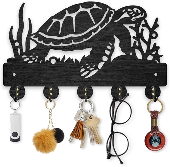 MAYJOYDIY Sea Turtle Coral Coat Hooks 11.8×7inch Wood Ocean Creatures Key Holder for Wall Sea Animal Wall Art Decor Key Hooks 5 Alloy Hooks for Gift Entryway Living Room Kitchen Office