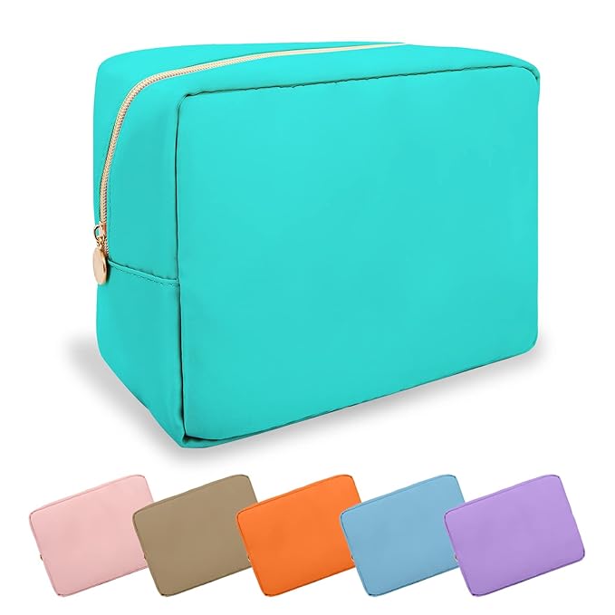 Large Makeup Bag Pouch,Nylon Women Travel Toiletry Storage Bag Preppy Cosmetic Bag for Girls,Big Makeup Organizer Bag Cute Zipper Pouch Skincare Bag for Sport Work Gift(Large-Cotton Candy)