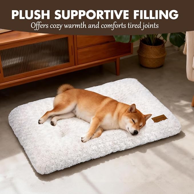 Dog Bed Crate Pad - Rosette Pattern White Velvet Pet Bed Anti-Slip Comfy Kennel Pad for Crates Rosette White S