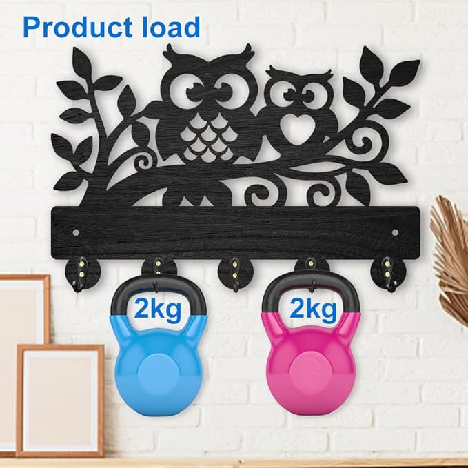 MAYJOYDIY Wood Owl Tree Branch Key Hook,11.8×7.9inch Cute Animal Key Holder for Wall Wild Animal Wall Hook Decorative 5 Alloy Hooks for Gift Entryway Room Farmhouse Cabin