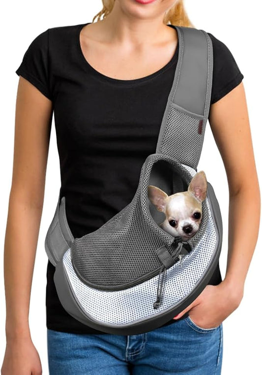 YUDODO Pet Sling Carrier for 5-9 lbs Small Dogs & Cats – Hands-Free Puppy Carrier with Safety Hook, Large Zipper Pocket, Soft Breathable Mesh, Adjustable Strap & Reflective Strip (Gray 1.0 M)