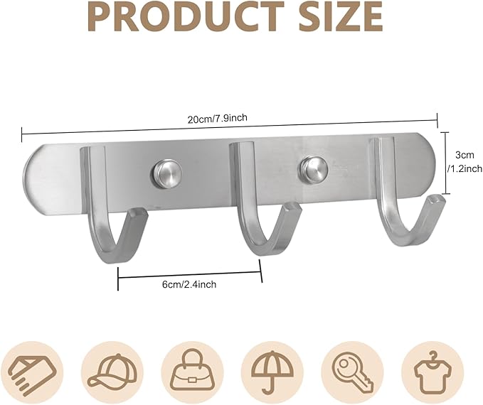 Coat Hook Rack Brushed Nickel - Sagmoc 8-Inch Coat&Towel Hook Rail Wall Mounted with 3 Hooks, Durable Wall Hangers for Bedroom, Bathroom, Foyer, Hallway (SUS304 Stainless Steel)