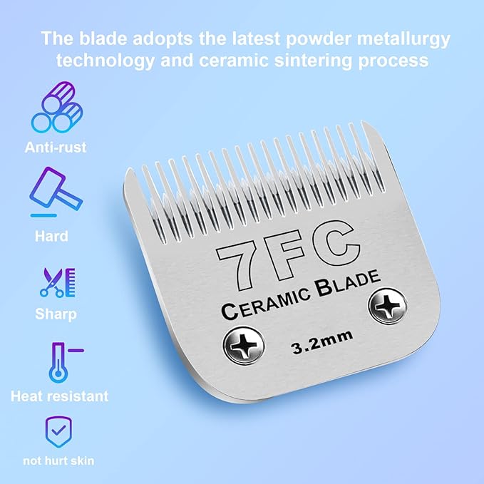 DODAER Detachable Pet Dog Clipper Blades, Compatible with Andis Size-7FC Cut Length 1/8"(3.2mm), Most Oster A5, Wahl KM Series Clippers,Made of Ceramic Blade & Stainless Steel Blade