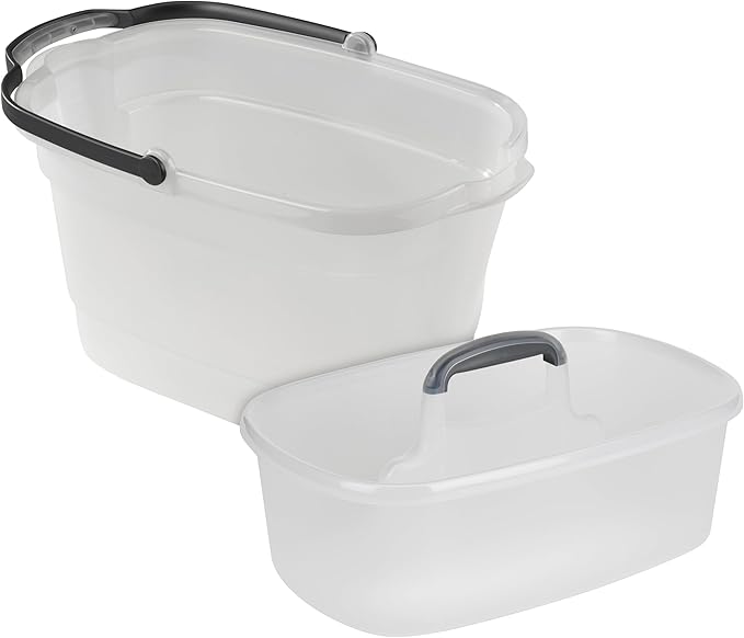 Casabella Cleaning Bucket & Storage Caddy Bundle, 4-Gallon Rectangular Mop Bucket with Pour Spouts and 1.5-Gallon Multipurpose Caddy with Handle, Clear