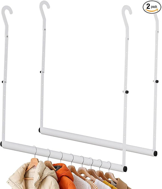2 Pack Stepless Extender Closet Hanging Rod - Heavy Duty Closet Rods for Hanging Clothes, Adjustable Width & Height, Space-Saving White Closet Organizer for Hanging & Drying, Easy to Install