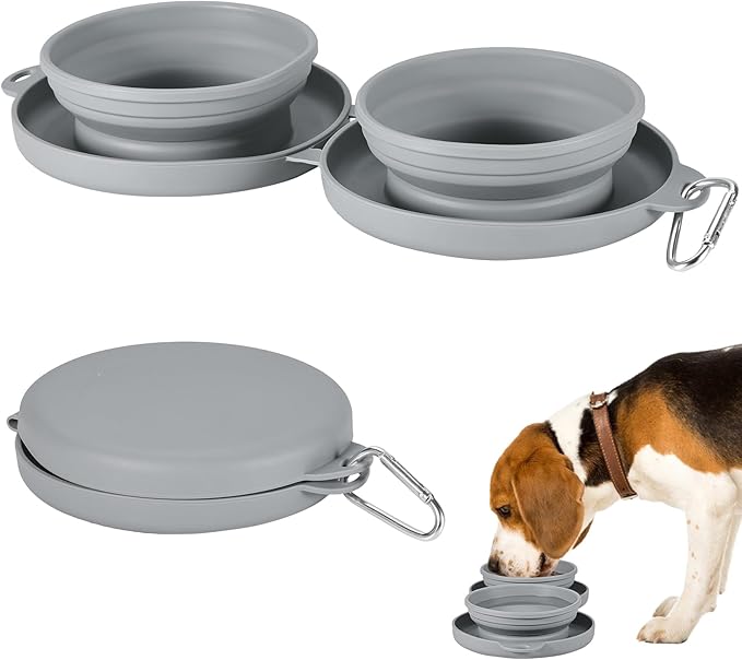 PNEUICALLY Collapsible Dog Water Bowl 2 in 1 Foldable Pet Food and Water Bowl Portable Cats Dishes with Carabiner Clip for Traveling Hiking Camping Walking (Grey)