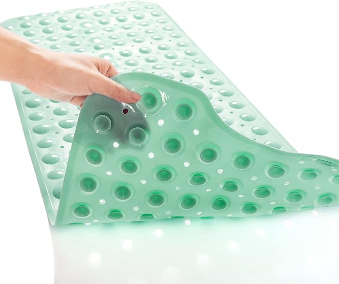 Bath Tub and Shower Mats, Non-Slip 39 x 16 Inch Extra Long Bathtub Mat, Machine Washable BathMat with Drain Holes, Suction Cups for Bathroom (Opaque Pale Green)