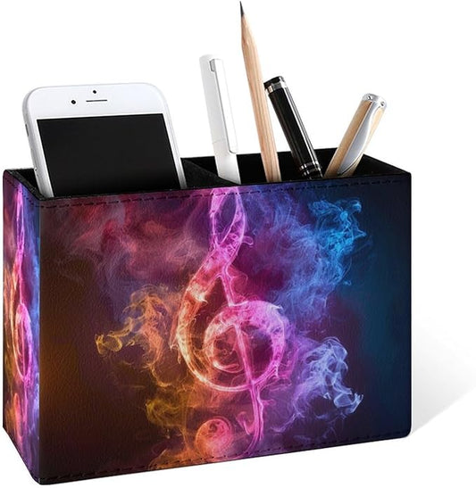 Famame Colorful Music Note Clef Pencil Holder for Desk, Leather Desktop Container Pen Cup Storage Study Table Pen Organizer Makeup Brush Holder for Classroom Office Home