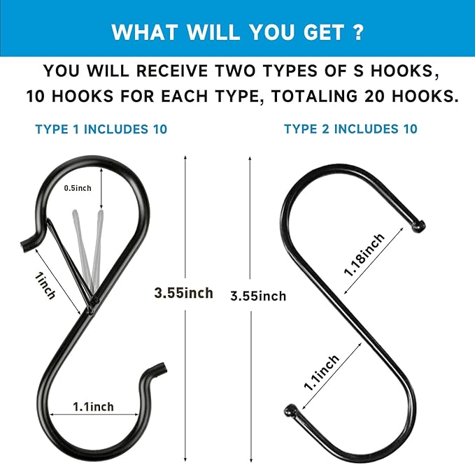20 Pcs S Hooks for Hanging Heavy Duty,3.5-inch Heavy Duty Metal S Hook with Safety Buckle,Non Slip S Shape Hooks,S Hook for Hanging Plants,Closet,Kitchen Utensil,Pots,Pans,Cups,Towels,Bags