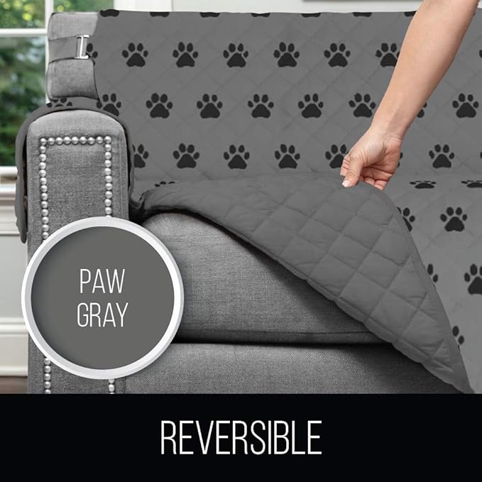 Sofa Shield Couch Slip Cover with Patented Strap, Cushion Protector, US Designed Reversible Stain and Dog Tear Resistant Slipcover, 70 inch Seat, Washable Covers for Dogs Pets, Paw Gray Black