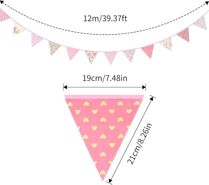 G2PLUS 39Ft Triangle Bunting Banner, 42Pcs Pink Floral Garland Pennant Banner, Reusable Cotton Triangle Flags Party Decoration for Birthday, Wedding, Garden Tea Party, Baby Shower, Room Decor