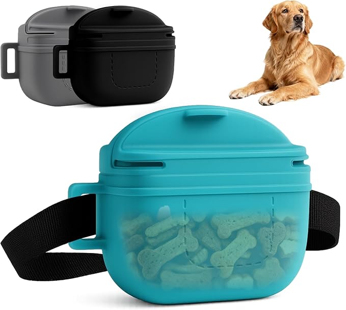 Upgraded Dog Treat Pouch, Stronger Magnetic Closure to Prevent Spilling, 1.7 Cup Silicone Fanny Pack with Waist Belt for Dog Training Walking(Blue)