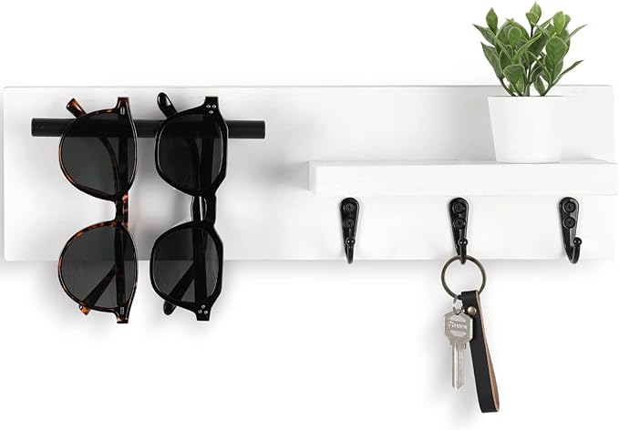 Lucundm Key Holder for Wall, Decorative Entryway Shelf with Hooks Holds Keys, Dog Leash, Sunglasses – Key Hanger with 3 Hooks Organizes, Enhances Home Decor (15” x 4.5” x 2.6”) (White)