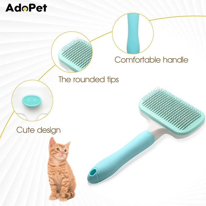 Adopet Self-Cleaning Pet Grooming Brush – Smooth Grooming Brush for Dogs and Cats, Easy Hair Removal with the Push of a Button, Gentle Shedding Remover for Small Pets, Comfortable Non-Slip Handle
