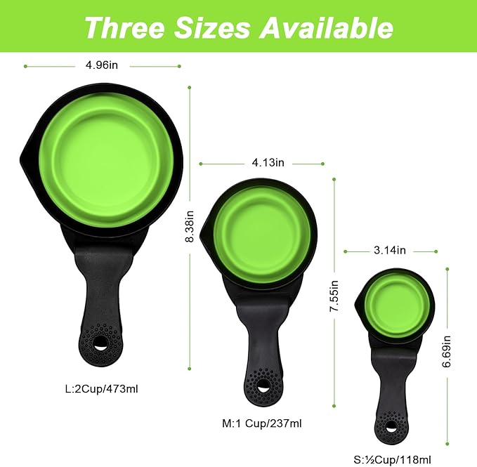 PNEUICALLY Collapsible Dog Food Scoop Foldable Pet Food Bag Clip 3 in 1 Multi-function Silicone Cat Food Measuring Cup Scoop Dog Food Scooper Pet Food Storage Clip (Green, 2 Cup Capacity(1 Pack))
