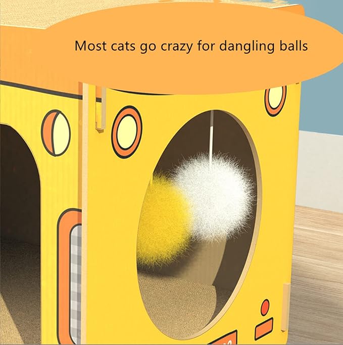 SHENGOCASE Wooden Jumbo 26.4" x 11.8" Extra Large Bus Shaped Cat Scratcher House for Maine Coon, Cardboard Cat House with Scratching Pad