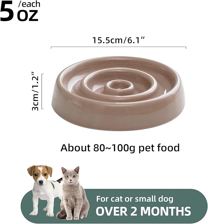 Ceramic Slow Cat Feeder Bowl for Cat, Slow Cat Food Bowl, Pet Slowe Feeder Bowl, Circle Shape. (Bowl x 2 -Brown Coffee, 6inch)