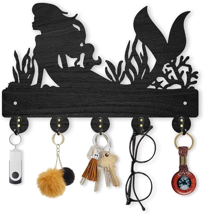MAYJOYDIY Mermaid Coral Coat Rack Wall Mounted Wood Summer Sea Ocean Creatures Key Rack Holder for Wall 11.8×7.9inch Key Hanger Wall Art Decor 5 Alloy Hooks for Gift Entryway Hallway Kitchen Room