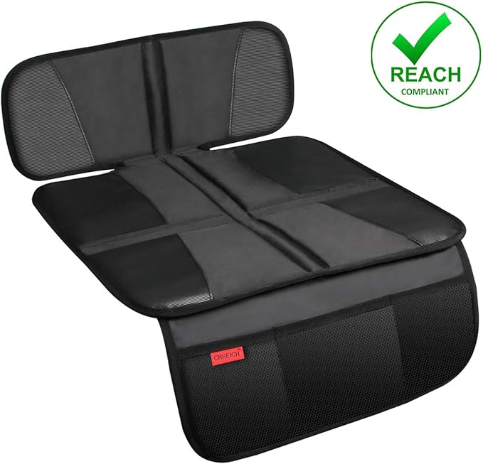 Kaiphy Car Seat Protector - Seat Protection Mat - Thick Padding - Durable, Waterproof Fabric, Leather Reinforced Corners & 3 Pockets for Handy Storage Black