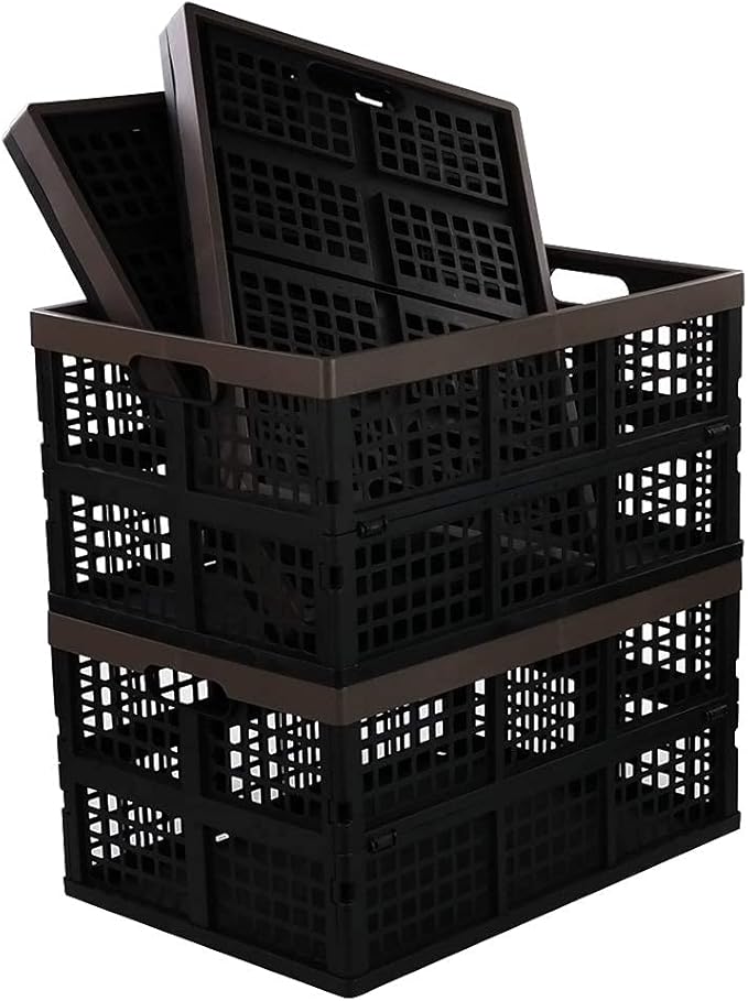 Bringer 4-Pack 40 L Plastic Collapsible Storage Crate, Stackable Folding Storage Baskets