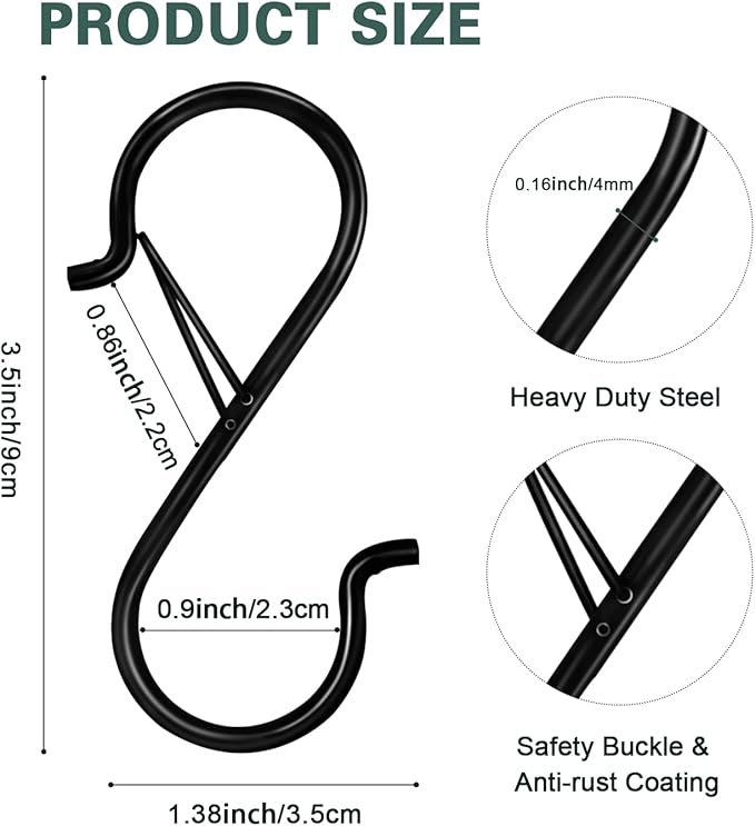 12PCS S Hooks for Hanging,3.5 Inch Heavy Duty Closet Hooks with Safety Buckle,Closet Hooks Hanging for Plants,Clothes,Kitchen Utensil,String Lights,Handbags,Belt, Hat, Cup, Tie (Black)