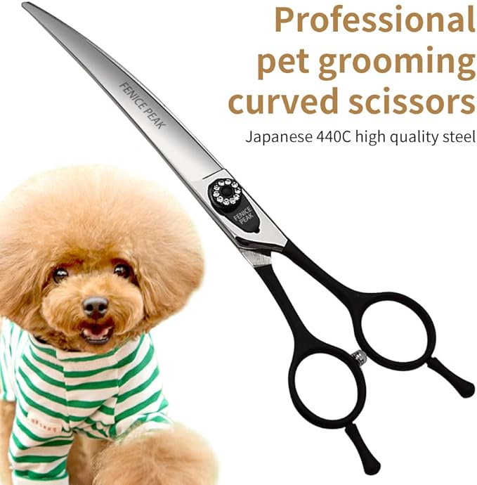Fenice 8.0 inch Dog Grooming Curved Scissors with Jeweled Screw for Pets Japan 440C Stainless Steel Sharp Blade Light Weight Comfortable for Right Handed Groomers