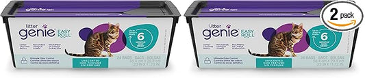 Litter Genie Easy Roll Refill Bags | Up to 6 months of supply in 1 Roll - 24 tear-off Bags | Ultimate Odor Control Cat Litter Bag (Pack of 2)