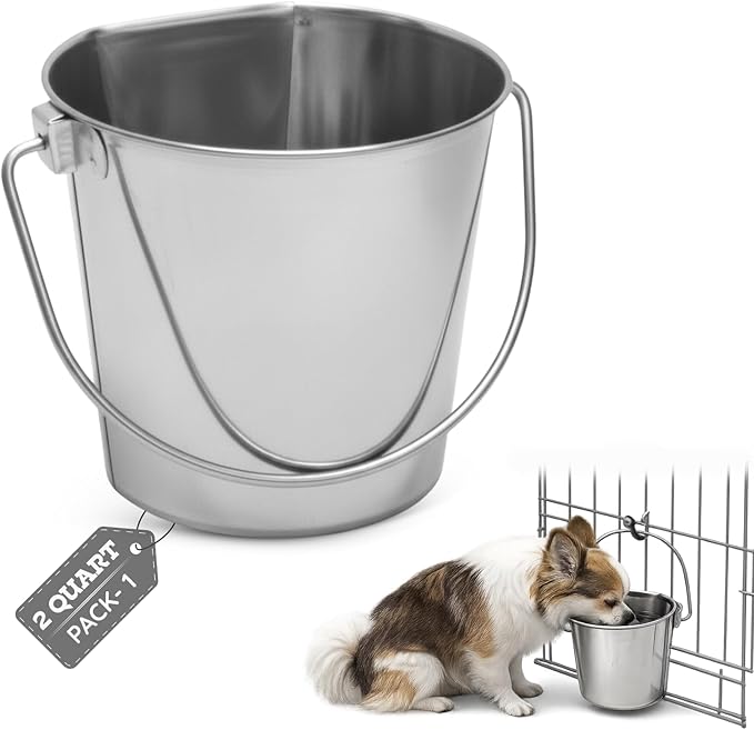 AASPIRE PETS 2 quart Stainless Steel Flat Side Bucket | 0.5 gal Durable Heavy Duty Food & Water Feeding Pails for Small Pet Birds Dog Cat | Fits kennel Cages Critter Crates Hanging Pail | Multipurpose