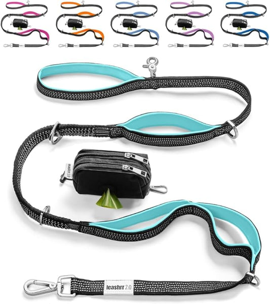 Dog Poop Bag Holder with Dispenser & Storage Pouch - Includes Adjustable Reflective Dog Leash (6FT Bungee, Padded Handles) - Durable Leash for Walking, Training & Travel (Teal)