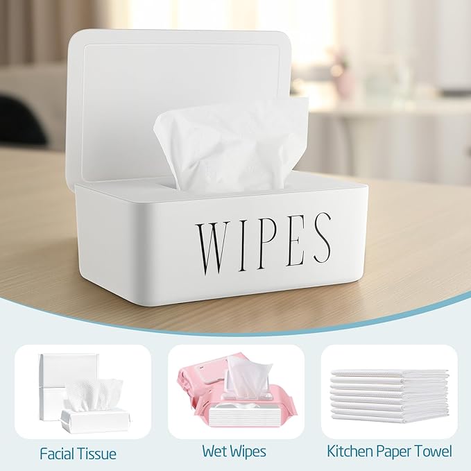 Singhoow 3 Pcs Large Baby Wipes Dispenser Refillable Wipe Holder with Lid Toilet Wipes Container for Bathroom Tissue Paper Storage Box for Home Office Cars (White,Small)
