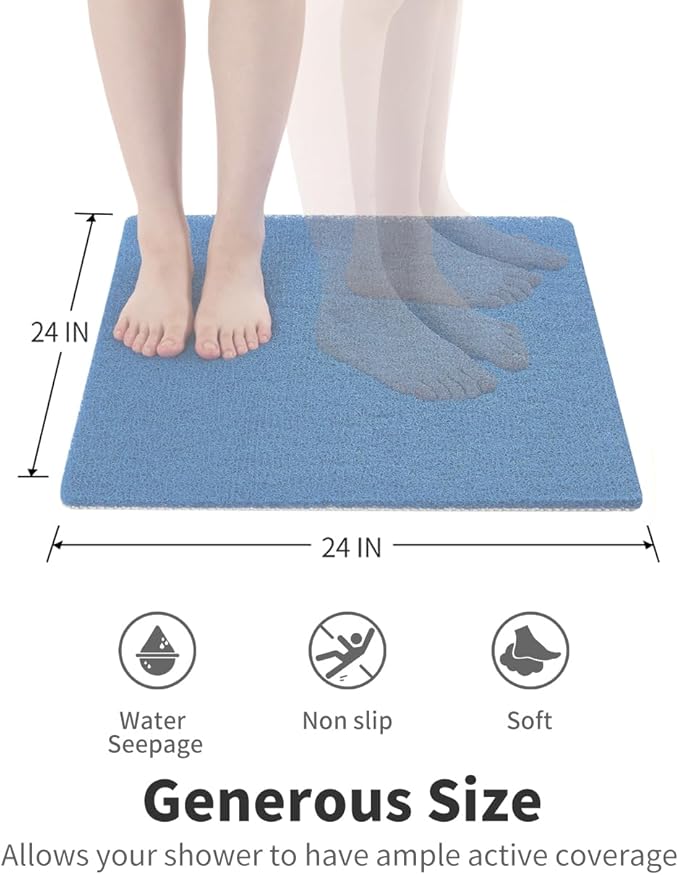 Non Slip Shower Mat, Comfortable Bath mat for Textured Surface,Quick Drying Easy Cleaning Shower Floor Mat for Wet Area,Without Suction Cups Blue 24 x 24