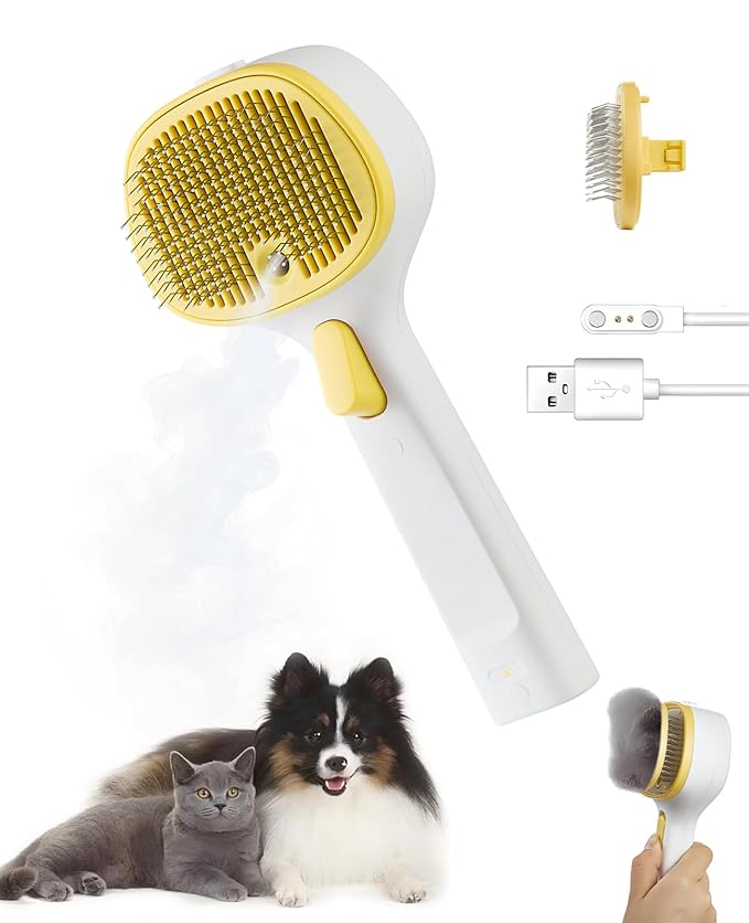 3-in-1 Anti-static Cat Steam Brush & Deshedding Tool - Cat Brush for Long/Short Hair, Reduces 95% Shedding, Easy Clean Grooming Supplies for Pet Owners (Yellow - Long Head)