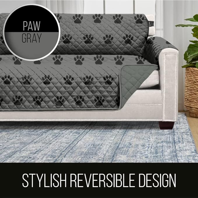 Sofa Shield Couch Slip Cover with Patented Strap, Cushion Protector, US Designed Reversible Stain and Dog Tear Resistant Slipcover, 88 inch Seat, Washable Covers for Dogs Pets, Gray Black