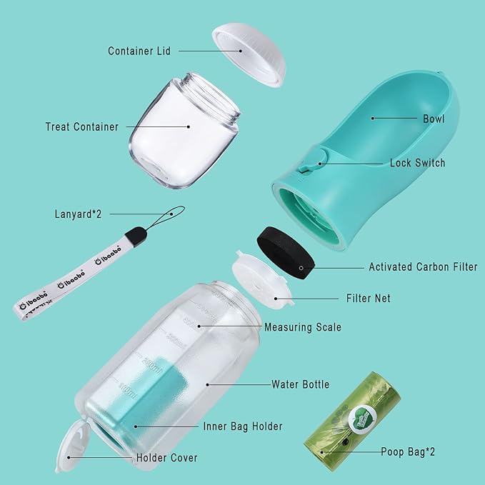 Dog Water Bottle with Food Container & Poop Bag Holder, Travel Water Bowl, Portable Pet Dispenser, Dog Gifts Stuff Accessories Items, Puppy Essentials for Yorkie Chihuahua Walking Hiking