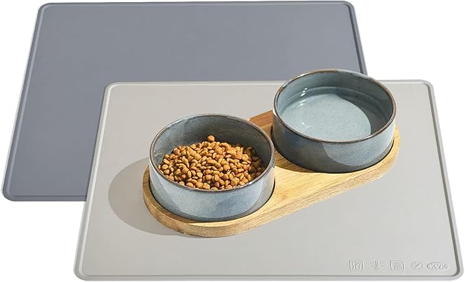 Dog Water Mat 2-Pack 20×16in - Silicone Dog Mats for Food and Water, Non-Slip Pet Feeding Mat for Floors, Waterproof Cat Bowl Mats to Prevent Spills -Dark Gray & Silver Gray