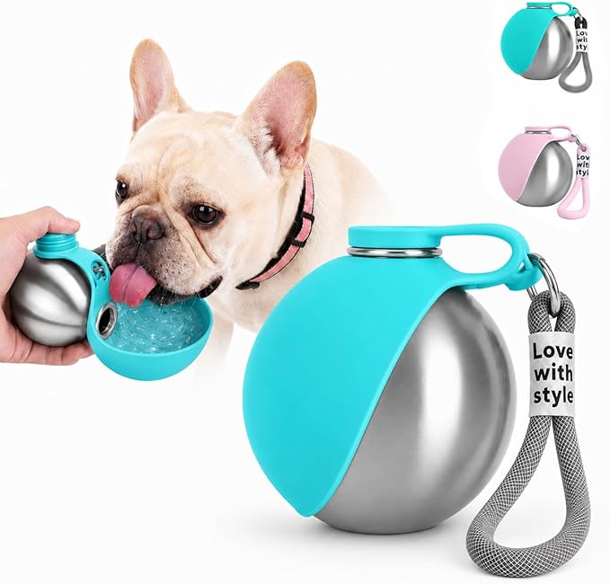 Portable Dog Water Bottle, 10 oz Stainless Steel Pet Travel Dispenser with Silicone Foldable Bowl, Leak Proof Tumbler, Dog Walking Accessories for Hiking and Small Pets (Blue)