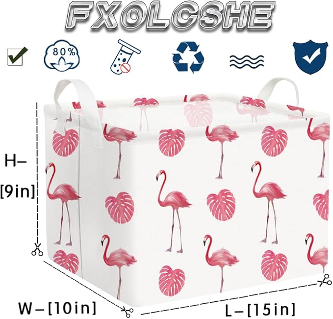 FXOCSHE Flamingo Pink basket,Baby Girl Basket,Collapsible canvas waterproof storage container for kids,Nursery hamper,Toy Organizer,Girls Room decor(Pink flamingos)